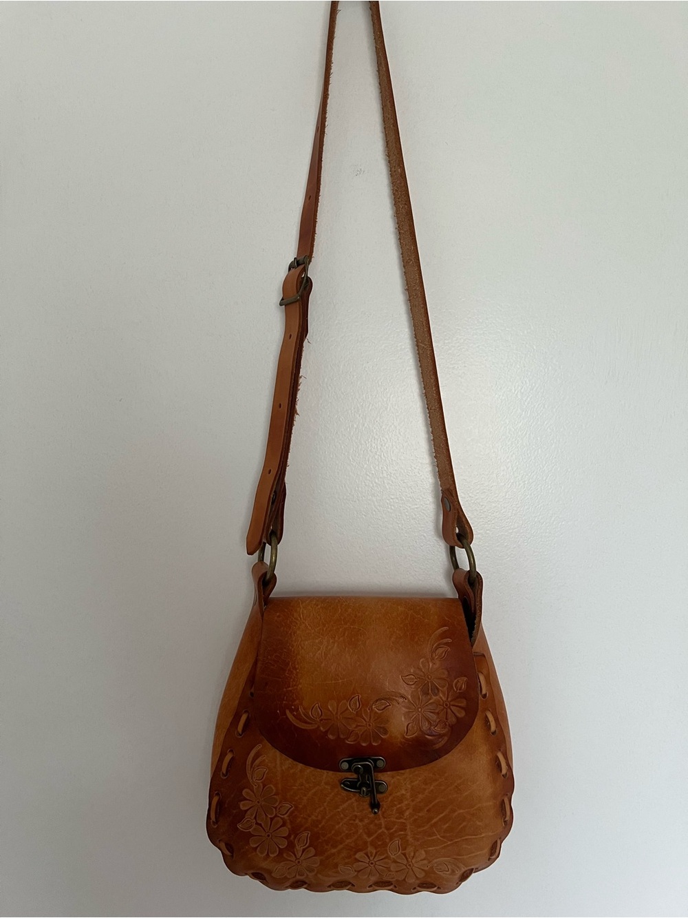 Handcrafted Floral-Embossed Tan Leather Crossbody
